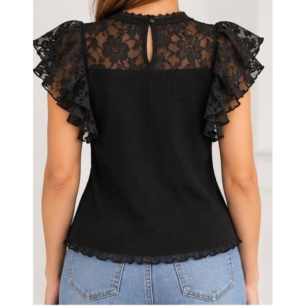 Black Ribbed Lace Flutter Sleeve Top Floral Mesh Trim Keyhole Back Blouse Size-L - Picture 2 of 2